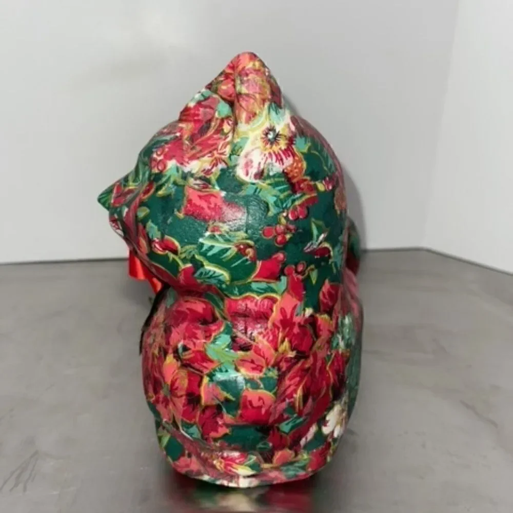 Large Paper Mache Christmas Cat Red Green White Gold Laying Down Roses Bow 12.25